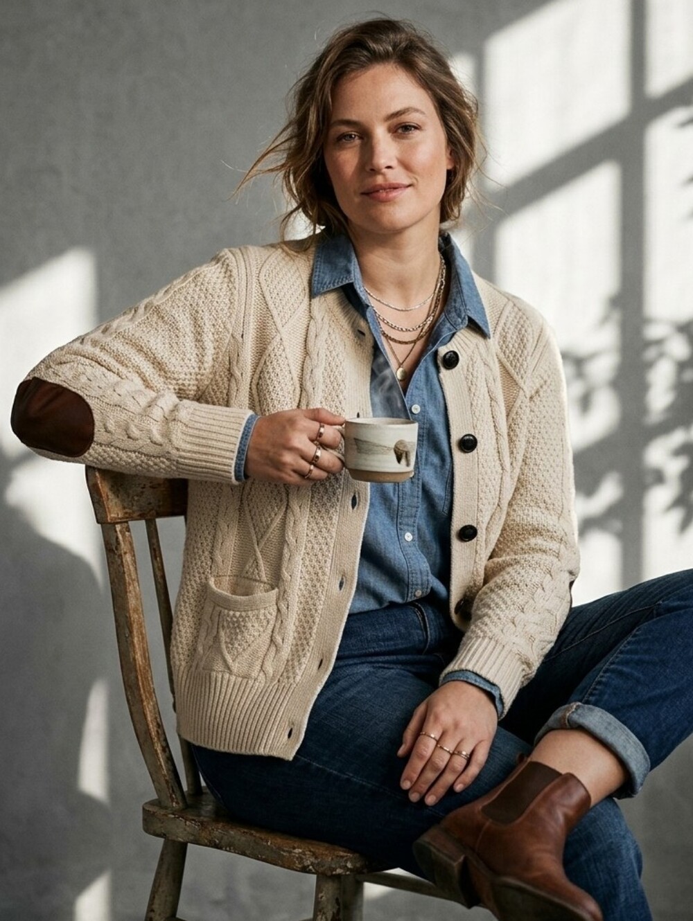 Fenn Wright Manson Cable Knit Cardigan Elbow Patch Wool Blend Sweater Cream M